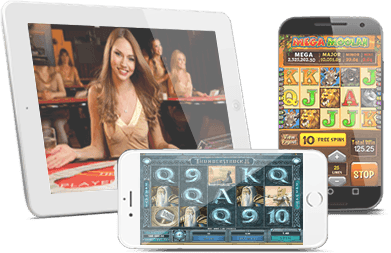 Verschillende apparaten met online casino spellen op het scherm.