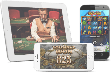 Verschillende apparaten met online casinospellen op hun schermen.
