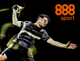 Een handbalspeler en het logo van 888sport, operator met handbal inzetten.