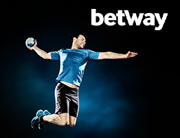 Een handbalspeler en het Betway-logo, een pagina met handbalweddenschappen.