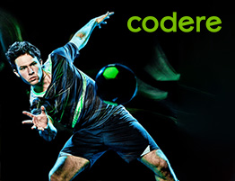 Een handbalspeler en het logo van Codere, pagina met sportweddenschappen op handbal.
