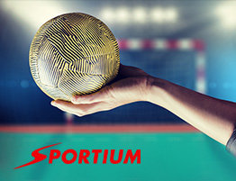Een persoon met een handbal in de palm van zijn hand en het logo van Sportium, pagina met handbalweddenschappen.