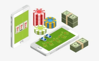 Mobiele apparaten met casino chips en bankbiljetten