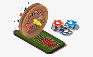 Een roulette wiel, een trofee en casino chips
