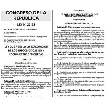 Voorbeeld van een fragment van de wet Nr. 27153 die de exploitatie van casinospellen en speelautomaten in Peru regelt.