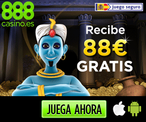 888Casino reclamebanner met een blauwe geest en de volgende tekst: ontvang 88 € Gratis plus 500 € welkomstbonus; de zin: speel nu; en ook de logo ' s van 888casino, Android, iOS en safe game